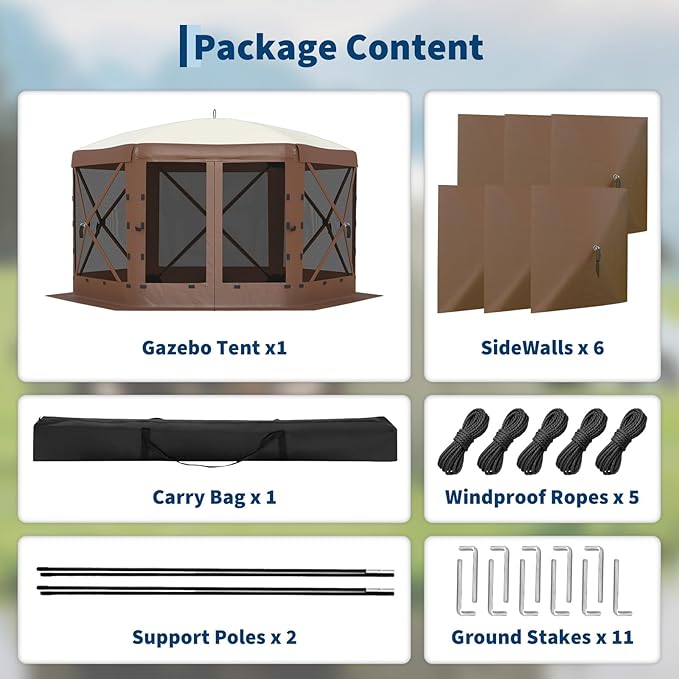 13x13FT 6-Sided Pop Up Gazebo Tent，One-Push Setup Canopy Tent with Removable Canopy Top & Wind Cloths, Outdoor shelter for Camping, Backyard Parties, Outdoor Events - Beige & Khaki