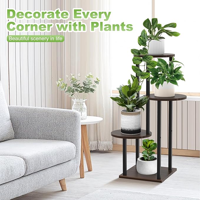 Plant Stand Indoor, 4 Tier Thickened Metal Corner Plant Shelf for Multiple Plants, Indoor Plants Tiered Flower Pot Stand for Patio Garden Balcony Living Room Bedroom(Black Oak)