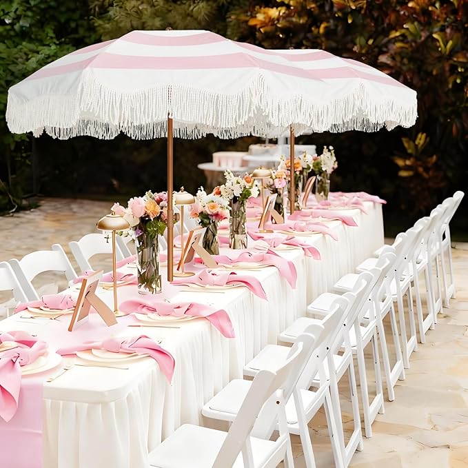 AMMSUN Boho Fringe Umbrella Outdoor Patio, 6.5ft UPF50+ Picnic Umbrella with Tassels with Steel Pole and Push Button Tilt, Pink Stripes