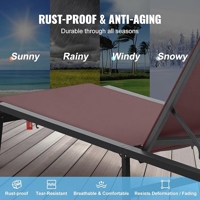 VEVOR Chaise Lounge Chair Outdoor, Aluminum Patio Lounge Chairs with Adjustable 5-Position, Folding Pool Chair Recliner and Full Flat Tanning Chairs for Patio, Beach, Pool, Brown