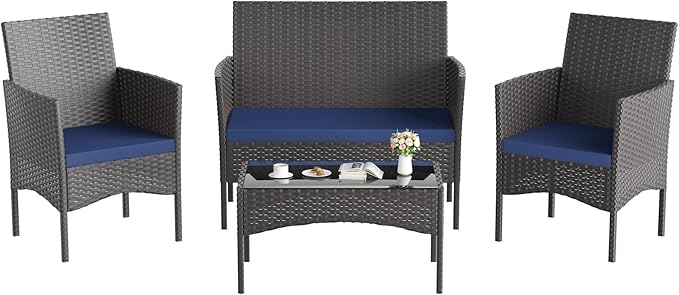 Kullavik 4 Pieces Outdoor Patio Furniture Set,PE Wicker Rattan Chairs Garden Conversation Sets with Tempered Glass Table and Soft Cushions for Lawn,Pool or Backyard,Navy Blue