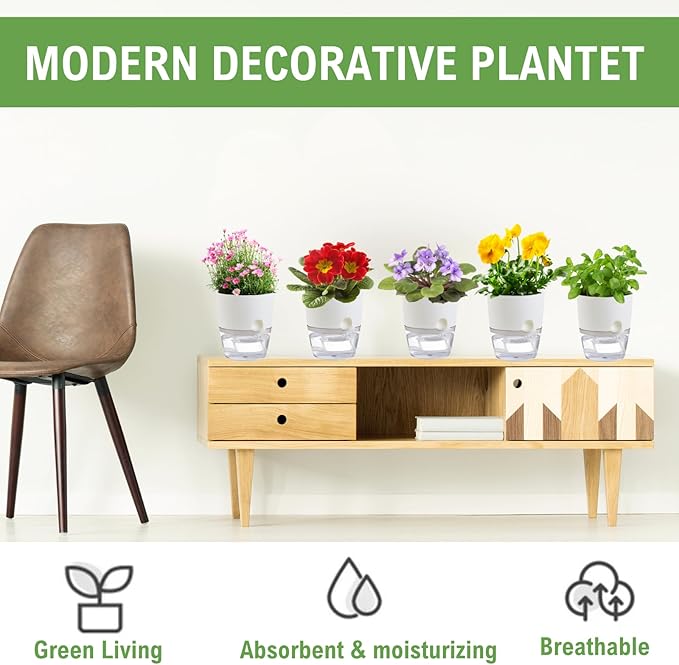 6Inch Self Watering Planter Pots 4 Pack Plant Pot for Indoor Wicking Flower Pots Plant Pots Modern Decorative Planter for Small African Violets House Plants,Herbs,Indoor Outdoor Plant (White)