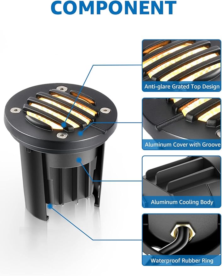 SUNVIE 12W Low Voltage Landscape Lighting Anti-Glare LED Well Lights(Grated Top) 12V-24V Waterproof Outdoor In-Ground Lights 3000K Landscape Lighting for Garden Yard Pathway 6 Pack with Connectors