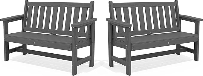 SERWALL Outdoor Bench, HDPE Outdoor Benches Weatherproof, 2-Person Garden Bench with 660 lbs Weight Capacity, Patio Benches for Outdoors, Garden, Porch, Backyard and Park, Grey, 2 Pack
