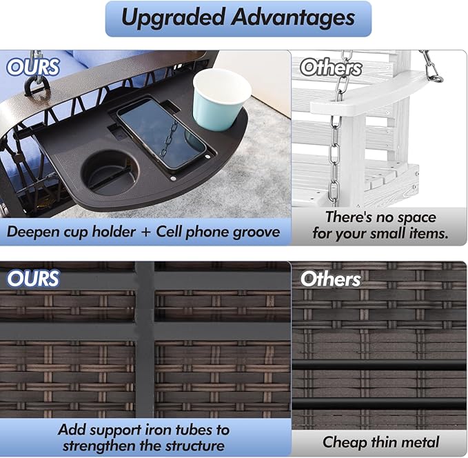 Wicker Porch Swing Heavy Duty 900 LBS 3-Seat Outdoor Patio Swing Chair with Cushions & 8.9ft Chains Outdoor Hanging Bench with Upgraded Cup Holders for Garden Deck Backyard