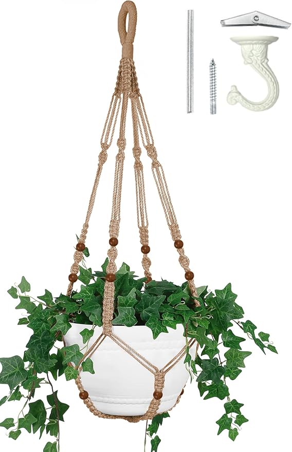 43 Inches Macrame Planter Hanger Large for 12 inch Pot + Swag Hook (Extra Long & Big) | Large Hanging Planter for Indoor Plants | No Tassel, Cotton Rope, NO Pot/Plant Included (Jute)(XL)