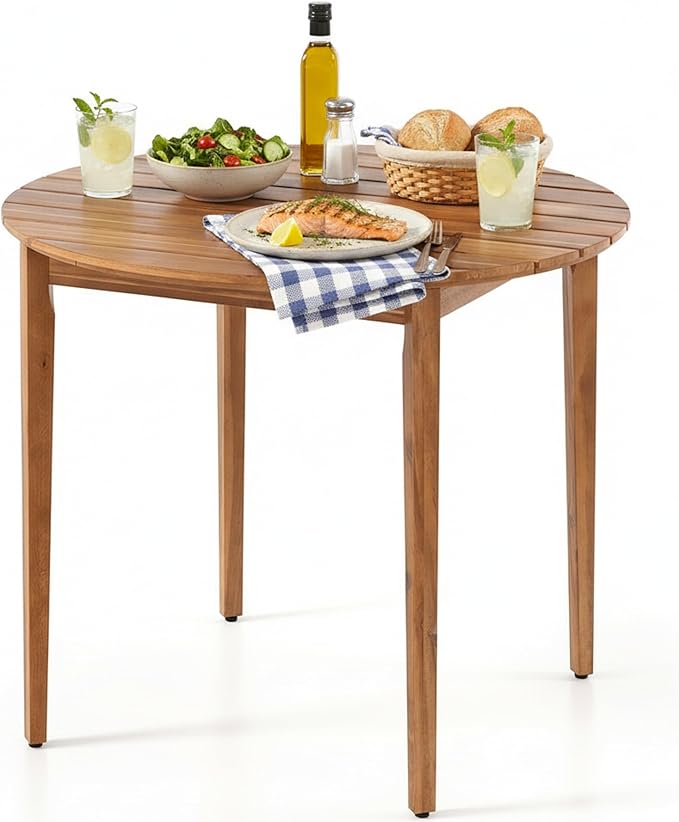 Tangkula 36" Round Outdoor Dining Table for 4, Acacia Wood 4-Person Patio Table with Slatted Tabletop & Adjustable Foot Pads, Indoor Outdoor Dining Furniture for Deck, Garden, Poolside & Backyard