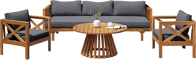 Merax Outdoor 4-Piece Acacia Wood Conversation Set - Patio 3-Seat Loveseat Sofa w/Coushion, 2 Armchair and Round Coffee Table for Backyard, Lawn, Balcony, Teak + Gray