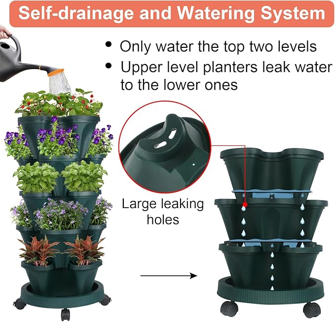 GameXcel Vertical Planter 5 Tier Stackable Planters Garden Planters Strawberry Herb Flower and Vegetable Planter Indoor Outdoor Gardening Pots with Removable Wheels and Tools - Green