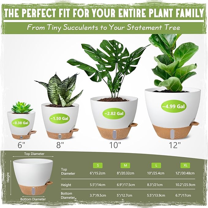Self-Watering Pots for Indoor Plants 4 Pack, 6/8/10/12 Inch Outdoor Planters with Water Level Indicator&Deep Reservoir, Decorative Flower Pots for Indoor Plants,Home Decor (White, 12+10+8+6 inch)