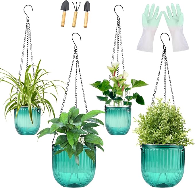 4 Pack Self Watering Hanging Planters with Drainage Holes –Hanging planters for Indoor Plants, Flowers, Succulents – Lightweight, Durable Hanging Baskets Green