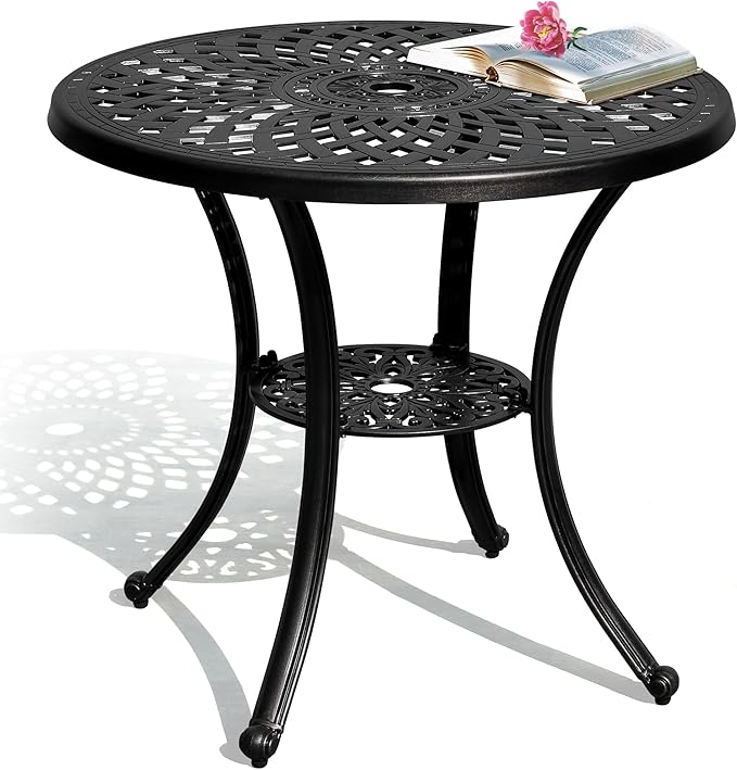 DWVO 30 Inches Round Patio Dining Table with Umbrella Hole, Antique Cast Aluminum Outdoor Bistro Table Outdoor Side Table for Backyard, Garden, Patio, Porch, Black