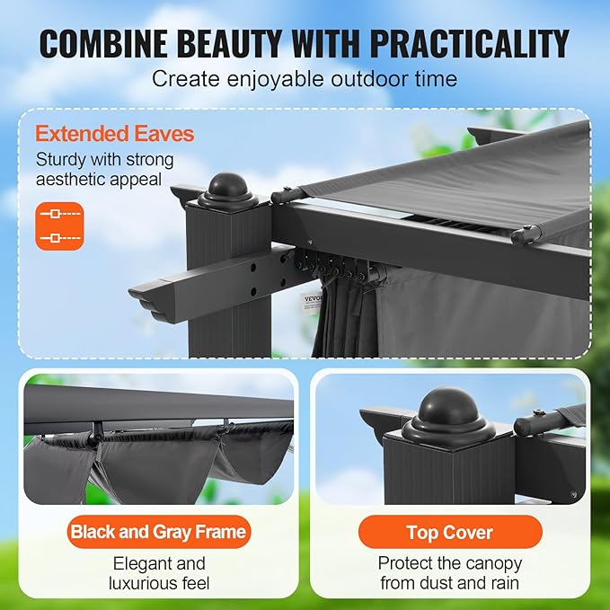 VEVOR 10'x10' Outdoor Retractable Pergola with Canopy, Aluminum Pergola with Retractable Canopy, Modern Style, Sun Shade for Patios, Gardens, Decks, Backyards (Gray)