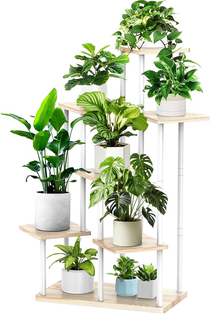 7 Tier Plant Stand Indoor, Thickened Metal Wood Corner Plant Shelf Stands for Multiple Plants, Indoor Tall Plants Stand Tiered Flower Holder for Living Room Patio Garden Balcony(White+Oak)