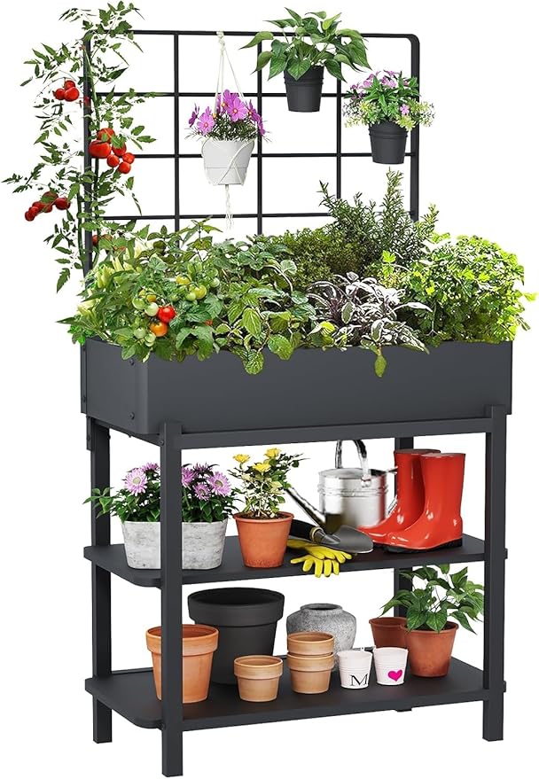 Metal Raised Garden Bed with Trellis & 2-Tier Storage Shelf, Elevated Planter Box with Legs -Includes 3 Flower Pots, Outdoor Vertical Garden for Vegetables Herbs Climbing Plants Patio Balcony
