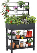 Metal Raised Garden Bed with Trellis & 2-Tier Storage Shelf, Elevated Planter Box with Legs -Includes 3 Flower Pots, Outdoor Vertical Garden for Vegetables Herbs Climbing Plants Patio Balcony