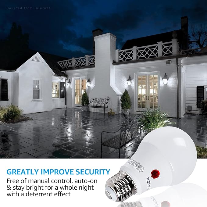 TORCHSTAR Dusk to Dawn Light Bulbs Outdoor, Sensor A19 LED Light Bulb, Auto on/Off Photocell Automatic for Outdoor Lighting, UL FCC DOE, 5000K, Pack of 4