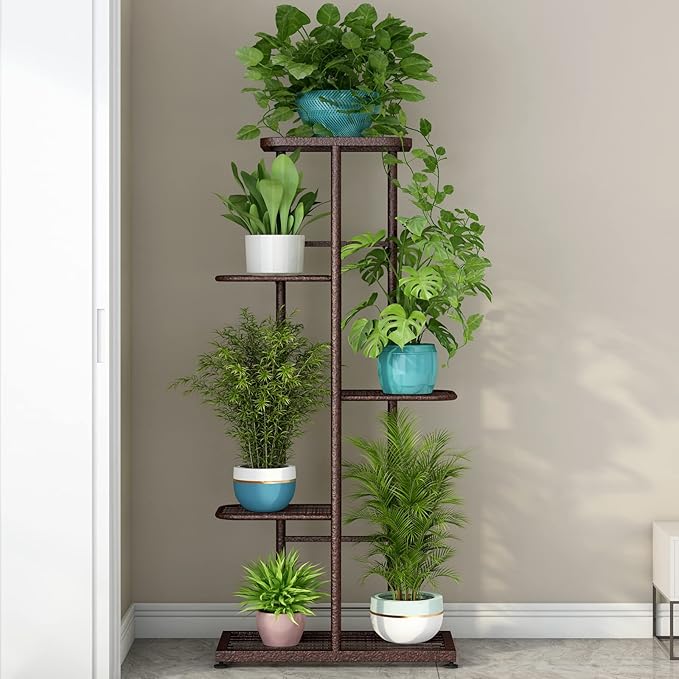 LINZINAR Plant Stand Metal 5 Tier 6 Potted Multiple Flower Pot Holder Shelf Indoor Outdoor Planter Display Shelving Unit for Patio Garden Corner Balcony Living Room (5 Tier 6 Potted, Bronze)