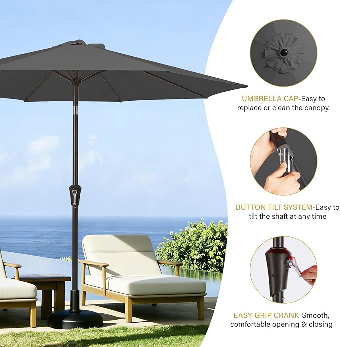 MEWAY 9ft Patio Umbrella Outdoor Table Umbrellas with Push Button Tilt and Crank, Market Umbrella 8 Sturdy Ribs for Deck, Garden, Pool and Backyard, Gray