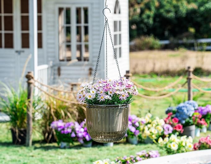 Melphoe Self Watering Hanging Planters for Indoor, 1 Pack 8.3 Inch Outdoor Hanging Plant Pot Basket, 2 Kinds of Plant Hangers Macrame 35.5’’ & Metal Chain 19.6’’ for Garden Home Decor