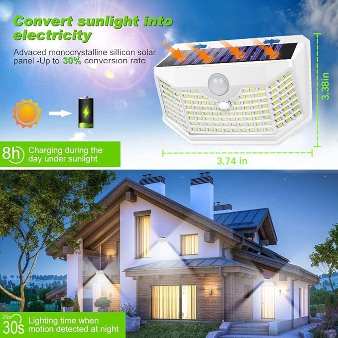 HMCITY 120 LED Solar Lights Outdoor with Motion Sensor and 3 Lighting Modes, IP65 Waterproof Wide Solar Wall Lights Ideal for Garden Patio Yard (Front Button 8Packs, White Shell-Daylight White)