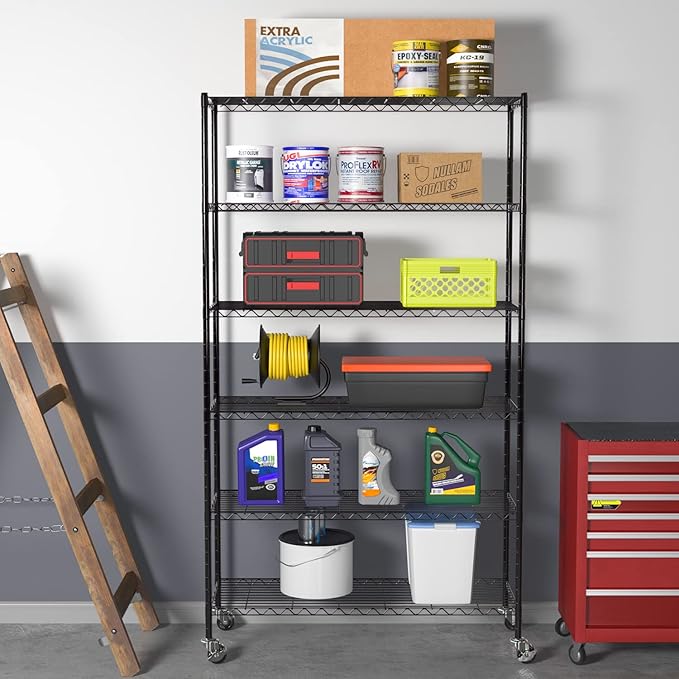 BestOffice | 6-Tier Wire Storage Shelves with Wheels | 18x48x82 | Black | Adjustable Racks | Heavy-Duty Metal Shelf, Holds Upto 510 lbs | No-Tool Assembly | Ideal for Home & Garage Shelving