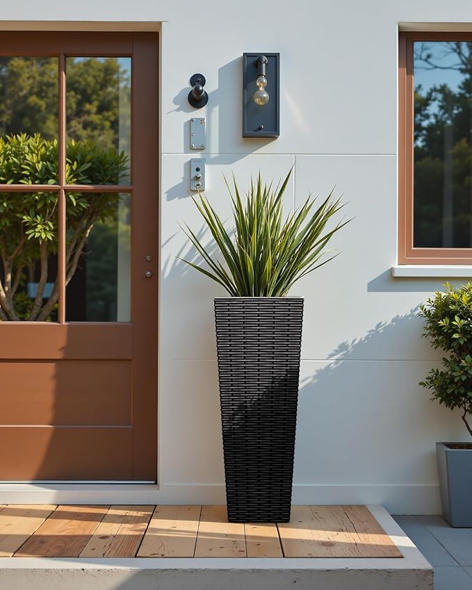 Greesum 24 Inch Tall Plastic Planters (Set of 2), Detachable Inner Pot & Drainage Holes, Outdoor Decorative Flower Pots for Large Plants, Trees, Patio, and Garden, Black