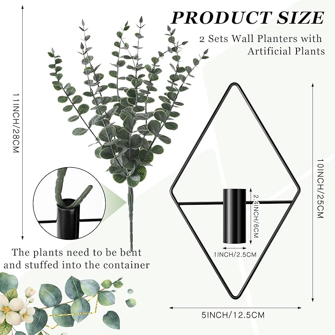 Jexine 4 Pcs Hanging Planters with Artificial Eucalyptus Metal Hanging Vase Indoor Plants Holder Modern Geometric Boho Bathroom Wall Decor for Living Room Home Office(Black)