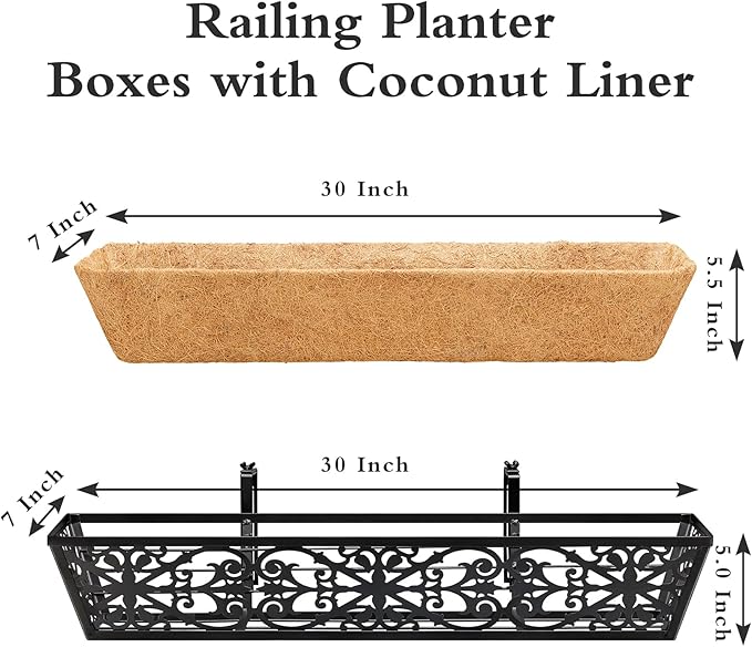 4 Pack 30 Inch Window Boxes Planters Railing Planter Box with Adjustable Brackets & Coco Liners Fabric Plant Grow Bags Deck Railing Planter Boxes Balcony Hanging Flower Box for Outdoor Plants