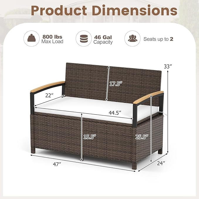 RELAX4LIFE Wicker Outdoor Storage Bench - Rattan Deck Box w/Protective Liner for Patio Furniture Pillows, Pool Supplies & Garden Tools, Porch Loveseat with Seat Cushion, Acacia Wood Armrests