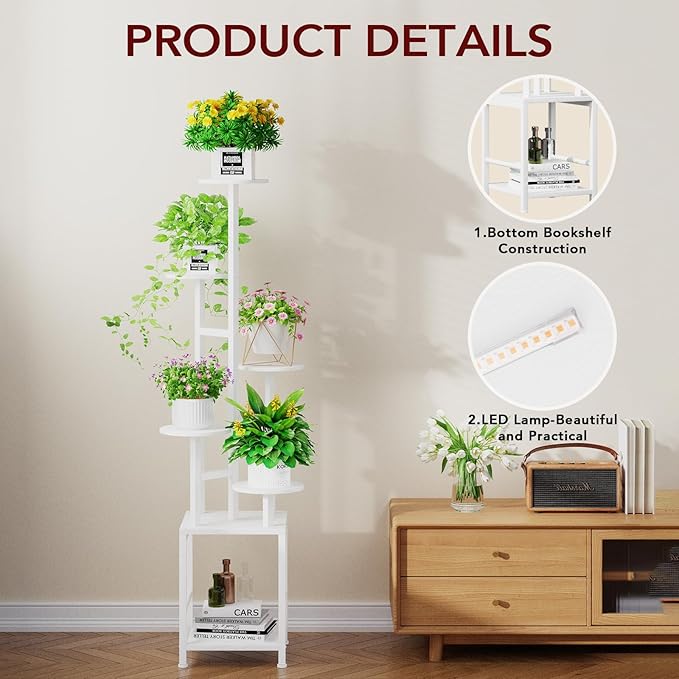 Plant Stand Indoor with Grow Light, 6-Tiered Tall Plant Stand Indoor, Metal Plant Shelf with Hanging Basket Hook and Adjustable Light, Ideal for Living Room, Garden, Round Patio white