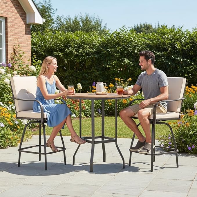Patio Swivel Bar Stools Set of 2, Outdoor Bar Height Swivel Chairs with Cushions for Garden Balcony Backyard, Beige
