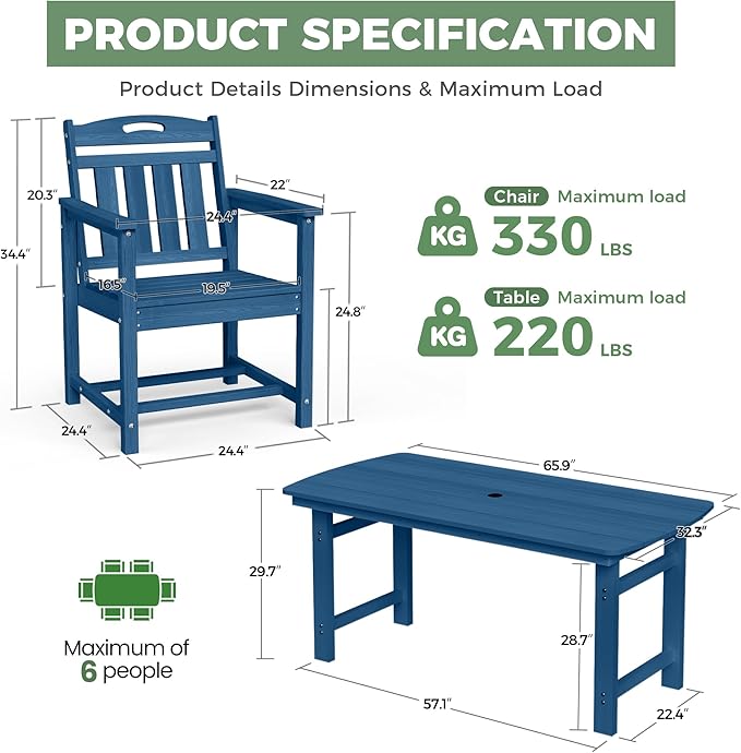 HDPE Outdoor Patio Dining Set with Table & 4 Chairs, All-Weather 5-Piece Outdoor Table and Chairs, 2" Umbrella Hole, Patio Furniture for Garden, Backyard, Deck | Navy Blue