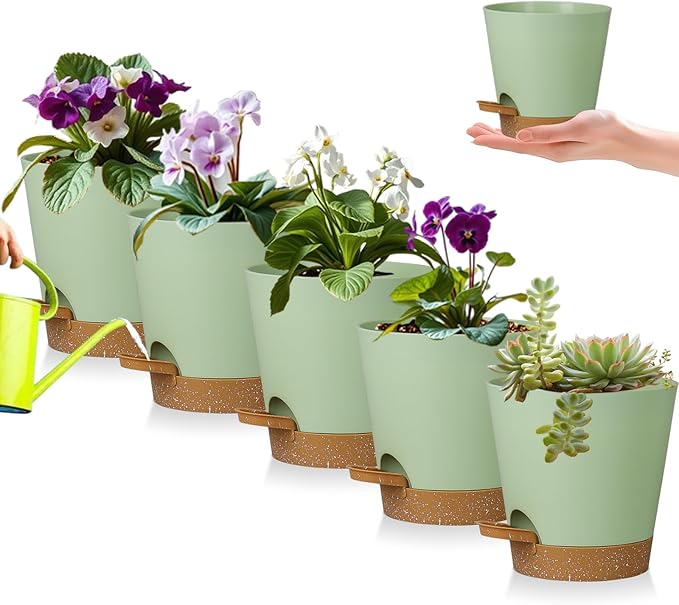 5 Pack 5 inch Self-Watering Pots, African Violets Planter with Drainage Holes and Reservoir, Green Brown Plastic Planter for Indoor Outdoor Plants Flowers and Houseplants Green Brown, 5 inch 5 pcs