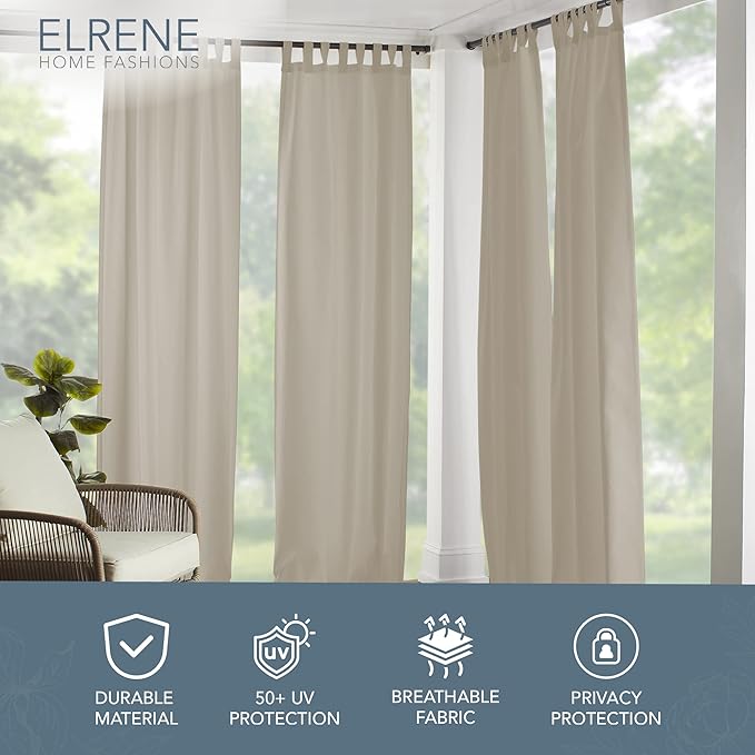 Elrene Home Fashions Matine Weatherproof Tab-Top Indoor/Outdoor Solid Color Curtain Panel for Porch, Pergola, Patio, Deck, 52”W x 108”L, Taupe