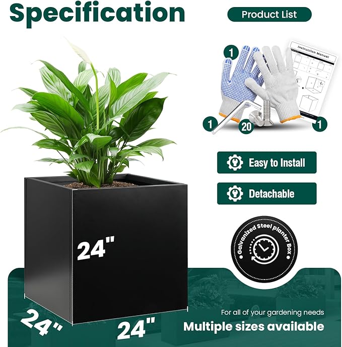 Galvanized Steel Planter Box Black Metal Planter 24Inch Large Square Indoor Outdoor Planters Cube Steel Heavy Duty Flower Pot Powder Coating Modern Commercial Residential for Patio, Yard, Garden