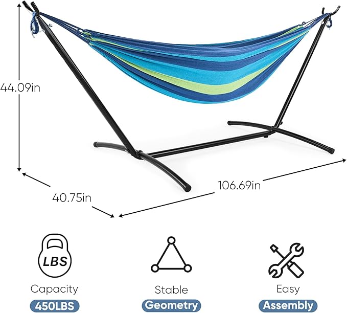 DUMOS Double Hammock with Space Saving Stand, Heavy Duty Steel Frame, Portable for Outside & Indoor Use, 450lbs Capacity, Easy Assembly, Carrying Bag Included, Blue