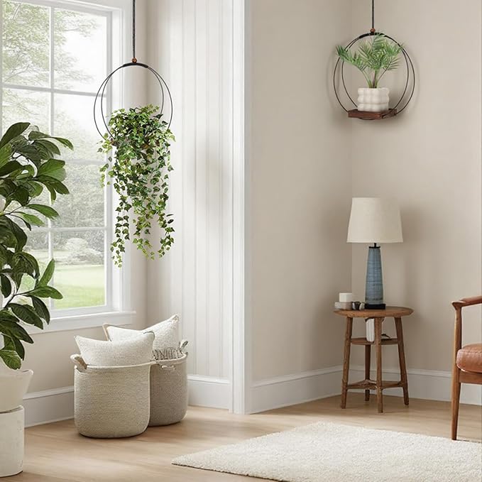 2 Pack Hanging Planters for Indoor Outdoor Plants, 12 Inch Sturdy Wood Base Metal Plant Hanger Modern Boho Minimalist Flower Pot Holder Basket Wall Ceiling Window Stands Home Wall Decor