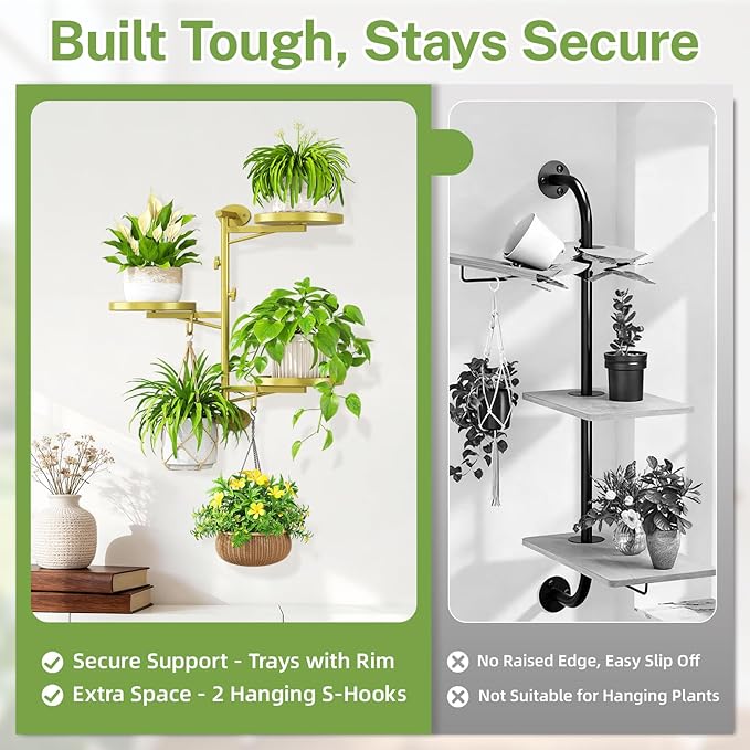iDavosic.ly Rotating Window Plant Shelves, 3-Tier Metal Wall Stand with 2 Hooks, Flower Display Holder Rack for Living Room, Space Saving, Gold (Pots/Chains/Plants Not Included)