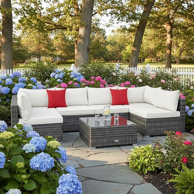 Tangkula 7 Pieces Wicker Patio Furniture Set, All-Weather Outdoor Rattan Sectional Sofa Set with Cushions & Tempered Glass Coffee Table, Outside Sofa Set for Garden, Lawn, Deck, Backyard (White)