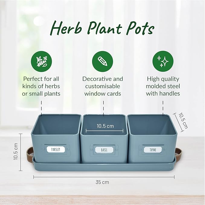 volila Herb Planter Indoor - Set of 3 Teal Blue Indoor Herb Garden Pots for Plants with Leather Handled Tray - Window Sill Plant Shelf - Herb Pots with Drainage Holes and Labels