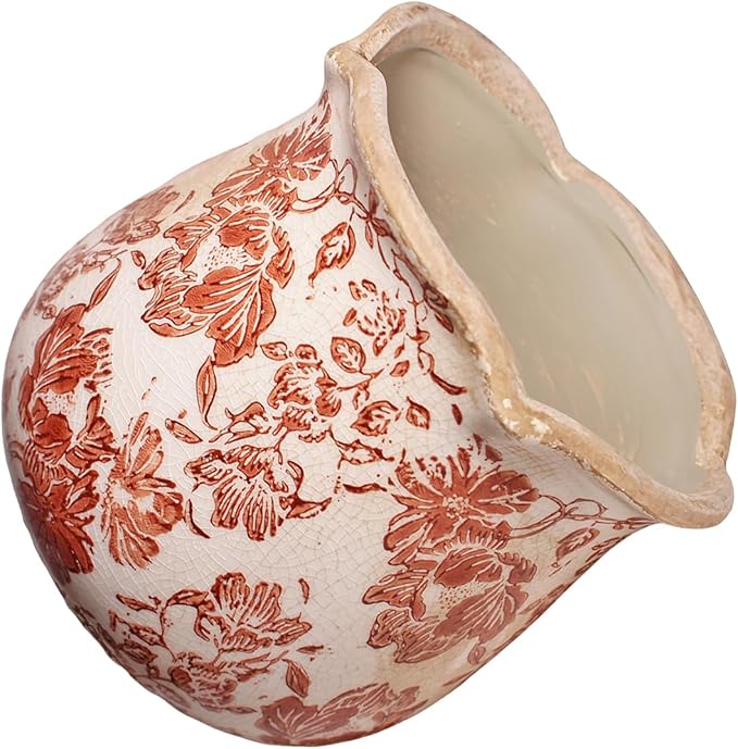 Country Farmhouse Planters for Spring Decor, 6.11 Inch Vintage Distressed Ceramic Plant Pot with Drainage for Indoor Plants, Terracotta Pots & Italian Tuscan Decor, Gardening Gifts (Red Flower)
