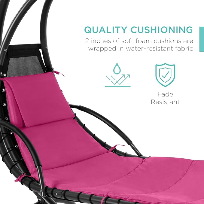 Best Choice Products Outdoor Hanging Curved Steel Chaise Lounge Chair Swing w/Built-in Pillow and Removable Canopy - Pink