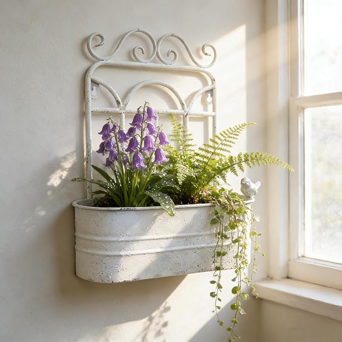 Rustic Metal Wall Planter Vintage Wall Mounted Flower Pot Distressed Wall Hanging Plant Basket Farmhouse Wall Decor for Indoor Outdoor Garden Home Yard (White)