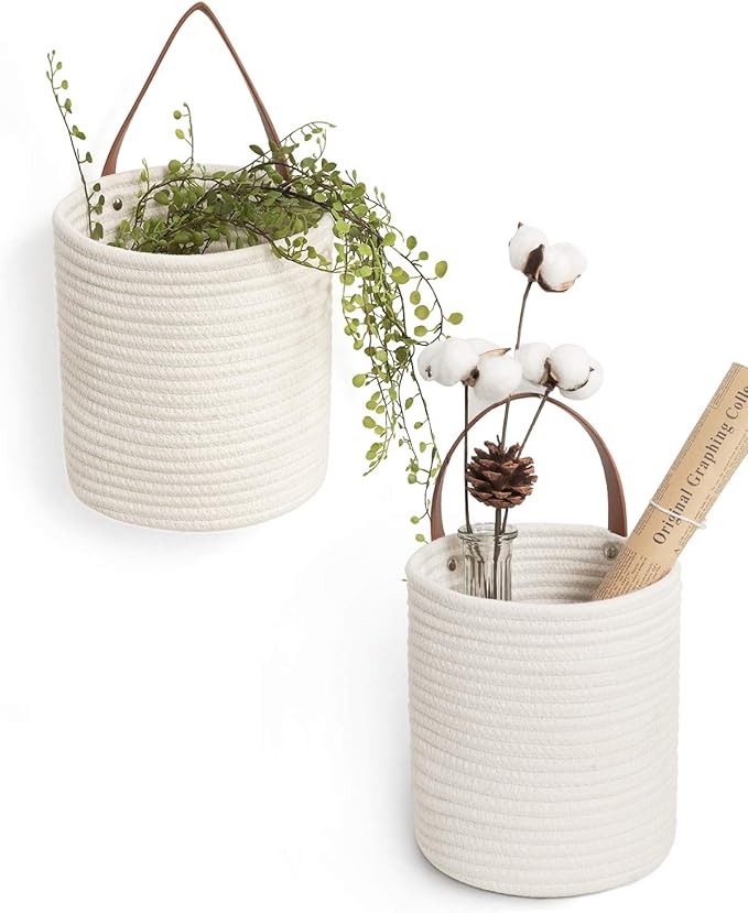 Goodpick 2pack Rope Hanging Basket - Small Round Hanging Baskets Storage for Key, Sunglasses, Wallet on Door - Modern Woven Baskets Wall Decor for Plant, White Cotton Basket 7.87 x 7 x 11.7 inches