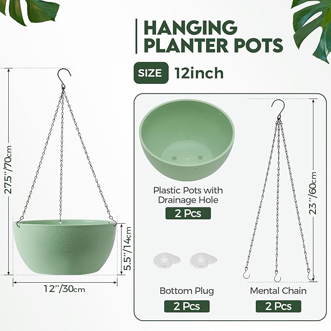 T4U 12 Inch Hanging Planters for Indoor Outdoor Plants, 2 Pack Plastic Hanging Planter, Indoor Hanging Plant Pots, Hanging Basket with Drainage Holes, Flower Pots for Garden Home Decor, Green