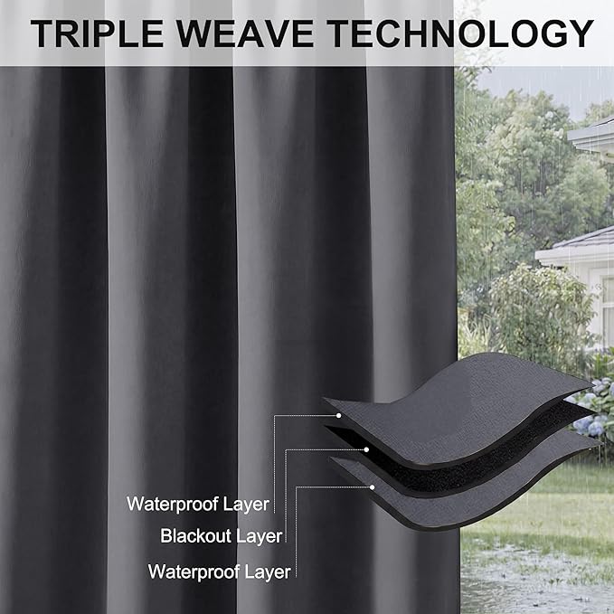 RYB HOME Extra Wide Outdoor Curtains for Patio Waterproof Heavy Duty Thermal Insulated in Summer Full Coverage Privacy for Gazebo, Cabana & Pergola, W100 x L108, Grey, 1 Panel