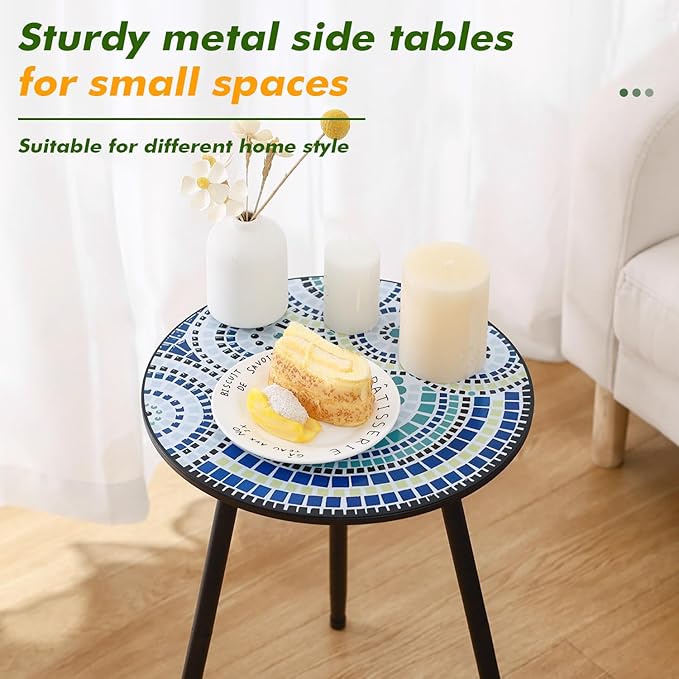 1 Pack Metal Outdoor Side Table Small Outside Round End Table for Patio Modern Accent Garden Corner Table for Small Spaces, Balcony, Porch, Weather-Resistant, Plant Stand Indoor, Round Mosaic