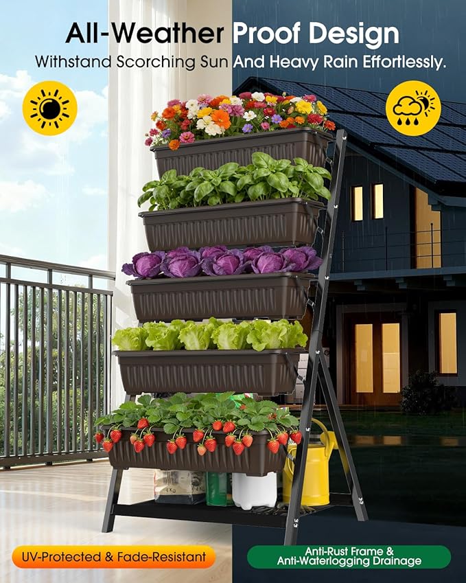 5-Tier Vertical Garden Bed Planter Boxes with Drainage System & Storage Space, Freestanding Vertical Garden Planter with 5 S-Hooks for Plants Vegetables Flowers Herbs in Garden Patio Yard