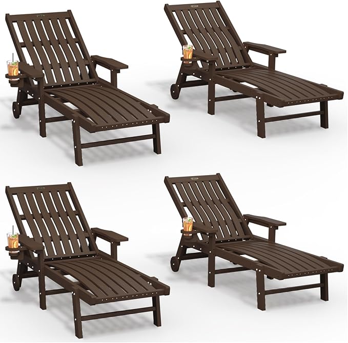 Patio Chaise Lounge Chair Set of 4, Oversized Lounge Chair Outdoor with 5 Positions, HDPE, Patio Lounge Chair with Wheels & Cup Holder for Pool, Deck, Poolside,Brown